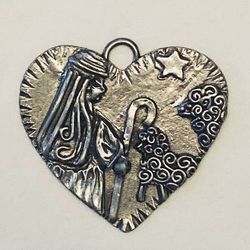 Marcie USA pewter pendant Christmas shepherd sheep heart shaped 2.25” across 