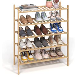 5-Tier Shoe Rack for Closet, Stackable Bamboo Shoe Rack for entryway, Hallway, Bathroom, Multifunctional Utility Shoe Shelf Storage Organizer