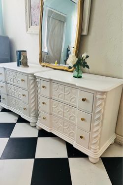White Painted Dresser Nightstands Set with Gold Hardware