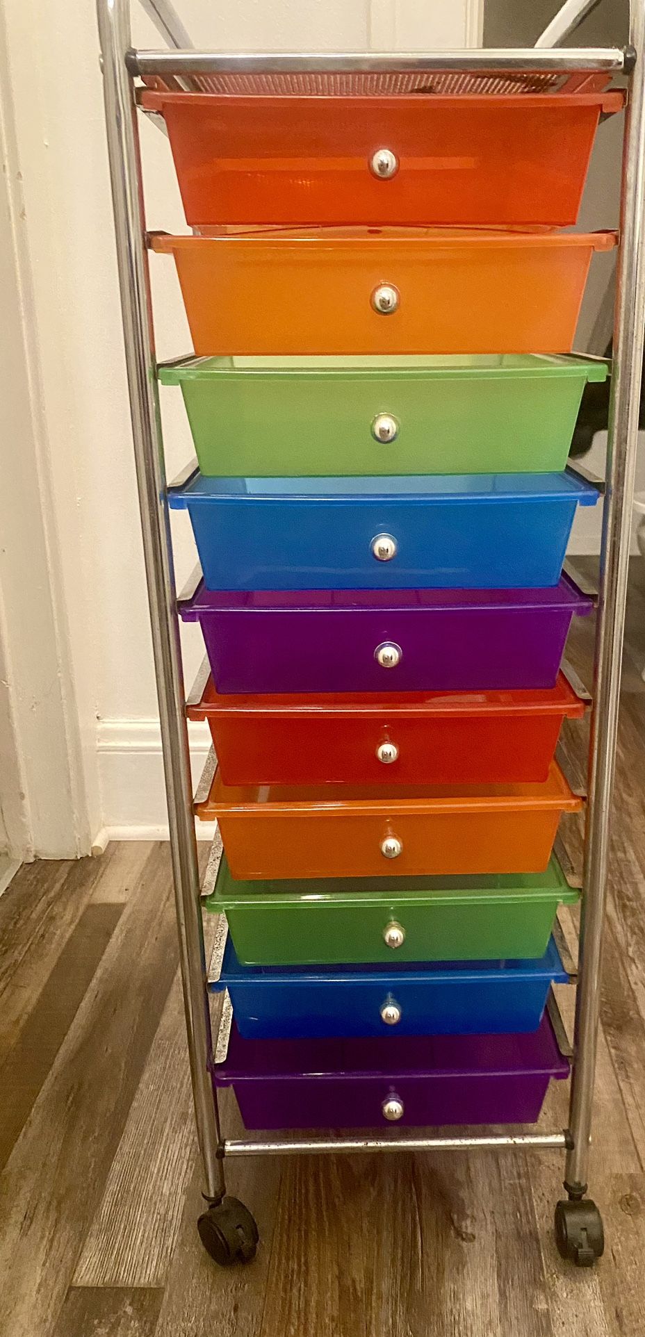 Rainbow Colored Art Tray Rack On Wheels