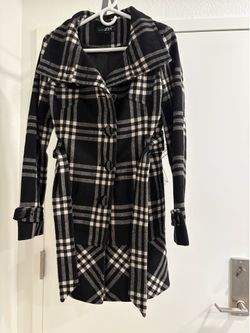 NWOT BLACK Rivet Button Down Petite Wool Trench