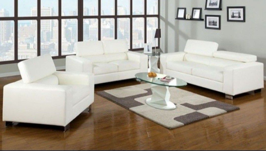 Brand New White Leather Modern Style 3pc Sofa Set