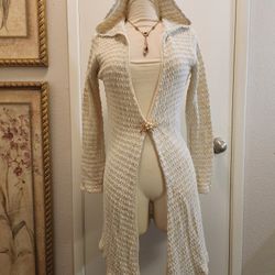 Questions Knit Open Hooded Cardigan Long Sleeve White Long Hoodie Women's Size M