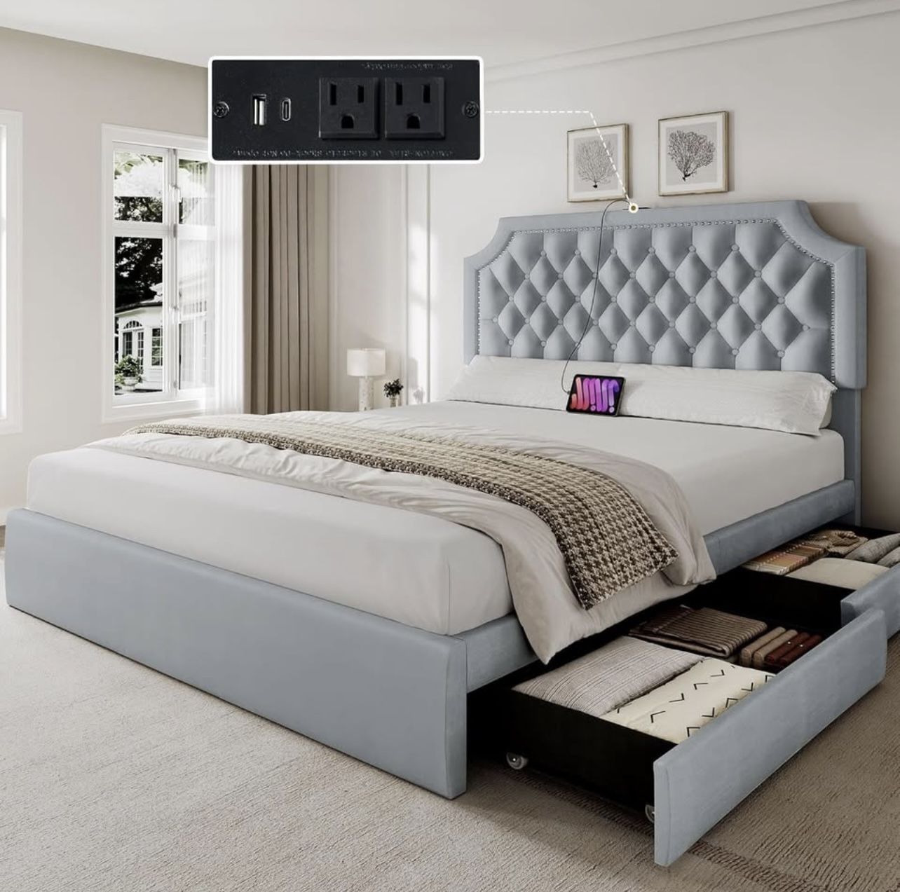 UPHOLSTERED BED FRAME FULL SIZE WITH STORAGE DRAWERS BRAND NEW IN BOX!!!