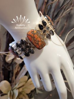 Sterling Silver 925 Bracelet with Smoky Quartz and Jasper Stone.