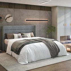 Full Size Lift Up Storage Bed/Modern Wingback Headboard/Upholstered Platform Bed Frame/Hydraulic Storage/No Box Spring Needed/Wood Slats Support/Grey 