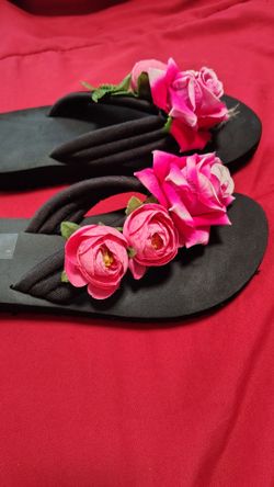 Black Flip Flops with Pink Floral Detail