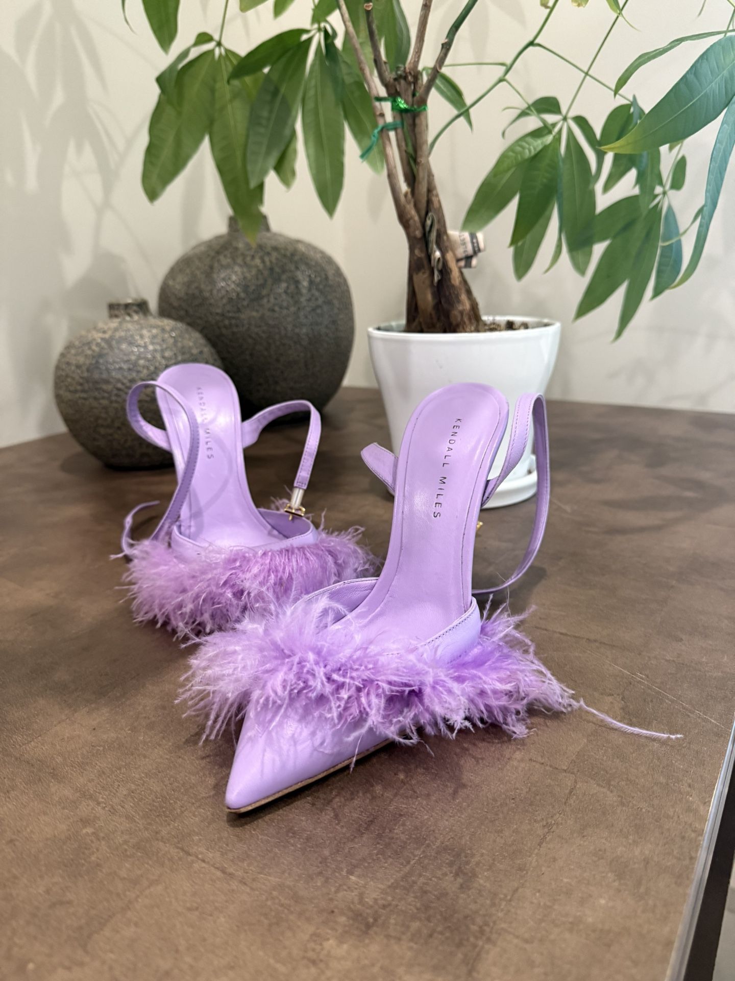 Purple Satin Stiletto Heels with Feather Trim