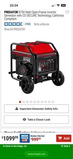 PREDATOR 8750 Watt Open-Frame Inverter Generator with CO SECURE Technology, California Compliant