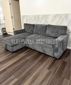 Gray Corduroy Sectional Sofa with Storage Chaise