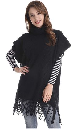 Brand-new! Polyester Shawls and Wraps - Turtleneck Poncho Pullover Shawl Tassels Stripes Sweater Knit Cape Black