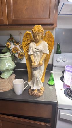 Christianity Angel Statue Figurine writing in a book with White & Gold Wings