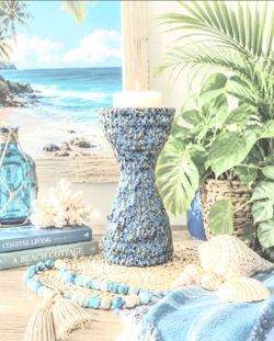 Sculptural Blue Ceramic Candle Holder, Coastal Cottage Decor,  Ocean-Inspired