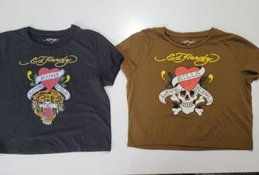 2 Ed Hardy Crop Top Shirt Womens  Y2K Love Kills Slowly Skull Heart XL