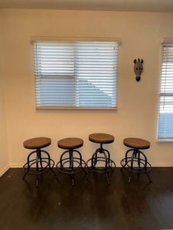 Set of 4 Industrial Adjustable Bar Stools – Wood & Metal – Excellent Condition