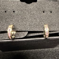 10k Gold Mini Hoop Earrings With Pink Cz 10.3mm