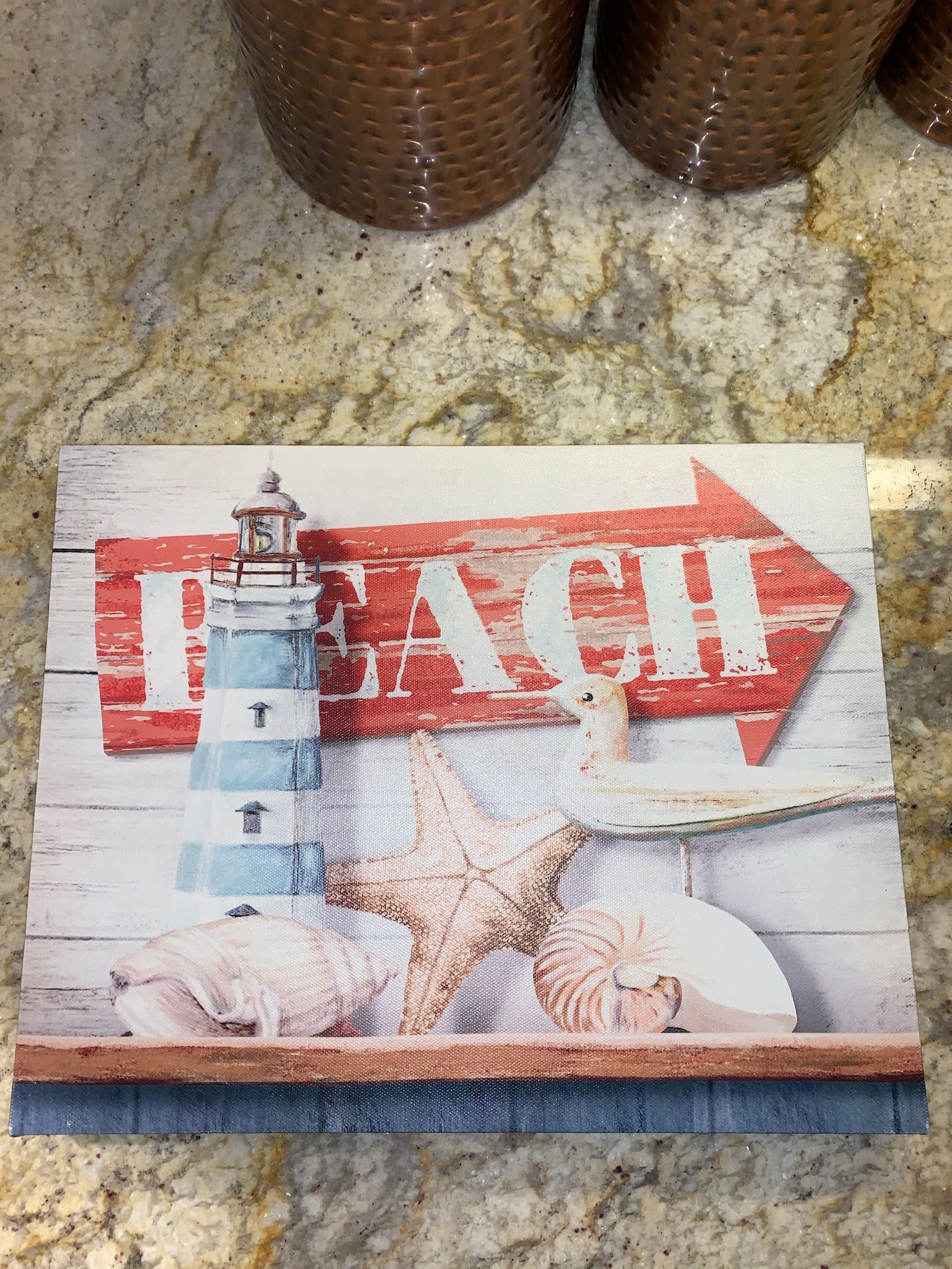 BEACH (14” W / 11” H / 1” thick) canvas painting with shells, bird and lighthouse (home decor)