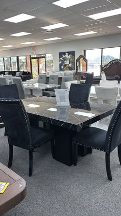 Stunning Black Marble look dining set w/Sleek black base