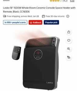 NEW - OPEN BOX - with REMOTE..Lasko 18" 1500W Whole Room Ceramic Console Space Heater with Remote, Black, CC18306..NEW - OPEN BOX - with REMOTE