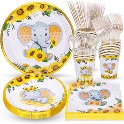 Elephant Baby Shower Party Supplies, Sunflower Elephant Plates And Napkins, Plates, Cups, Napkins And Cutlery, Elephant Party Decorations For Girls Or