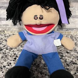 Oriental Trading Hand Puppet Little Girl Tan Skin Dark Hair Purple Shirt & Bows