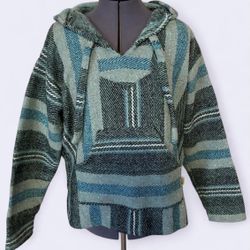 Molina Baja Hoodie Pullover Black Teal Stripe Poncho Blanket
