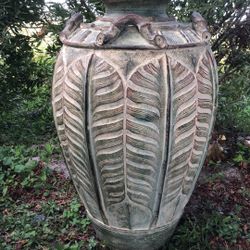 1940’s Art Nouveau Large Terra Cotta Clay Urn W/ Botanical Leaf Relief H:23.25”, W:14”, D:14”