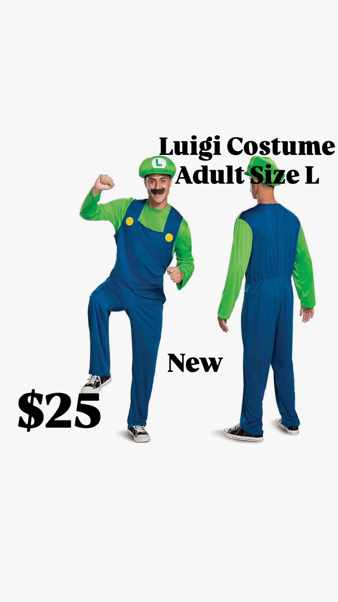 Adult Luigi Costume, Official Nintendo Super Mario Bros Luigi Adult Costume With Hat size Large