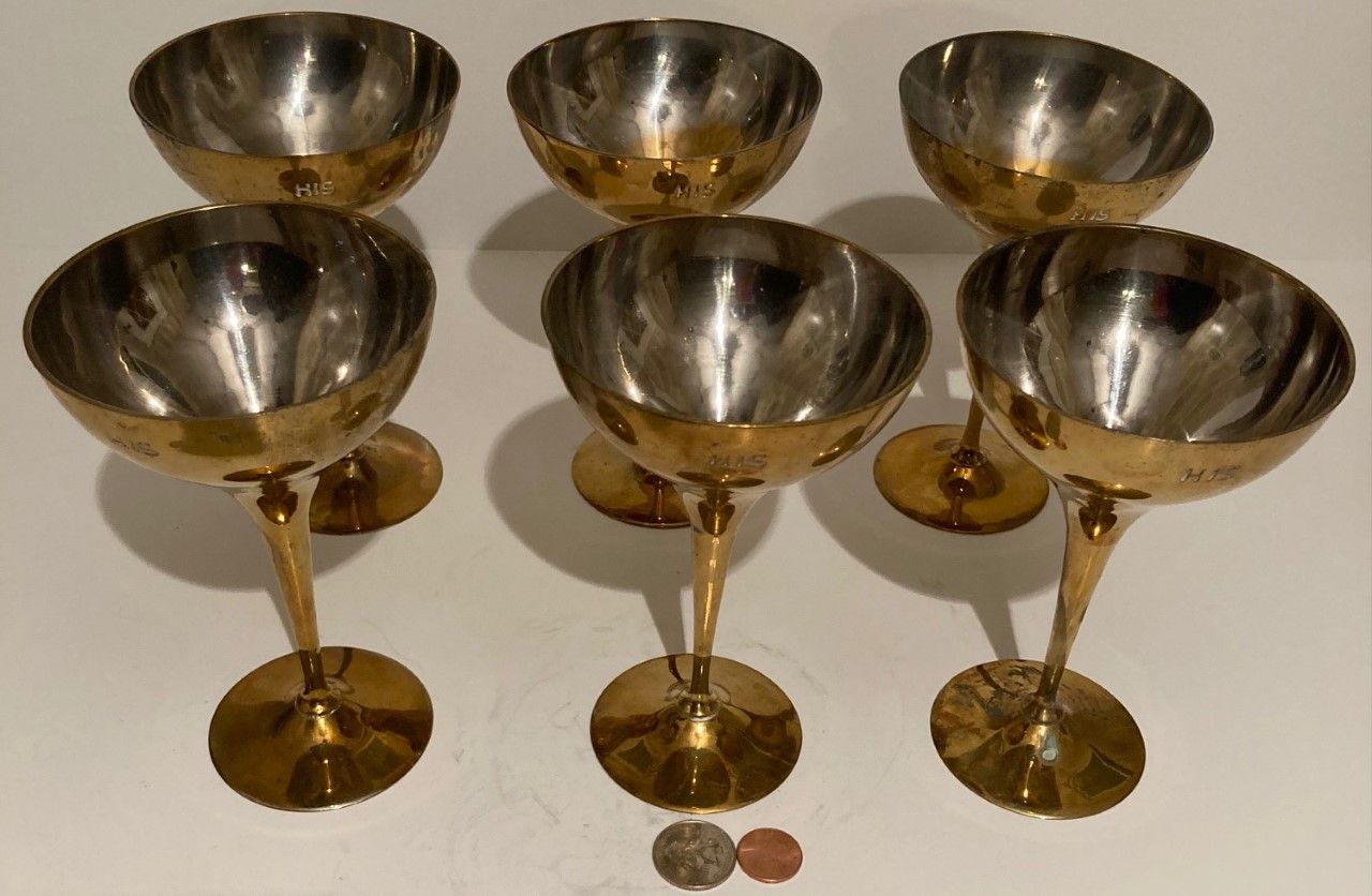 Vintage Set of 6 Brass Metal Wine Cups, Goblets, Water, Each One Engraved with the Word "His" on Each One, Quality, Heavy Duty, Kitchen Decor, Table D