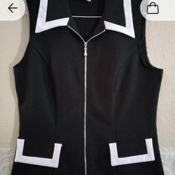 Zip Front Vest With Collar, Black & White