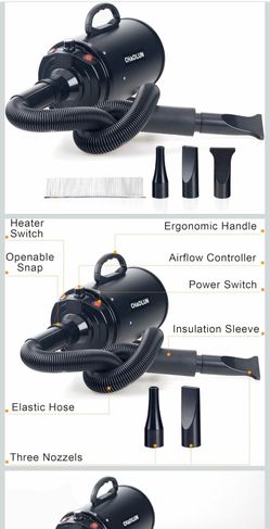 Dog Dryer for Pet Grooming, High Velocity Pet Hair Dryer with Heater, Adjustable Speed, 3 Nozzles and a Comb, Black