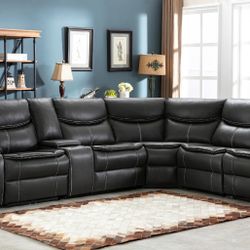 Brand New Modular Charcoal Leather Reclining Sectional Set 