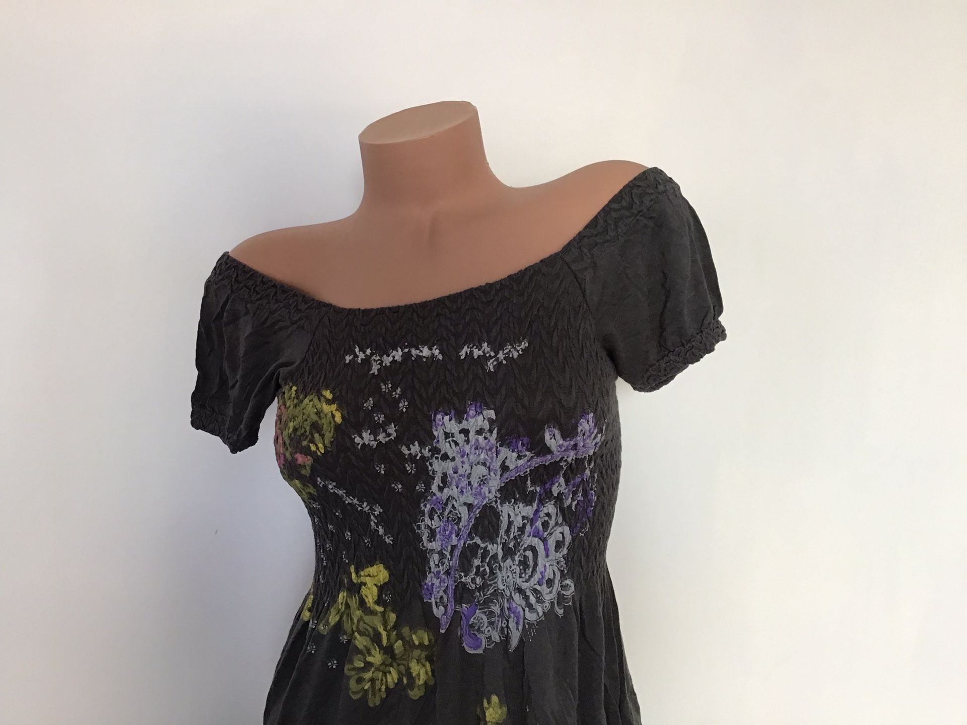 Grey Yellow Violet Floral Print Stretchy Empire Dress Tunic S M Brand New