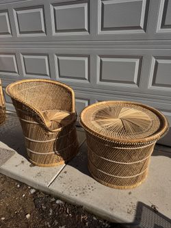 Wicker barrel chair and table