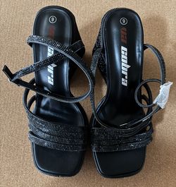 Rhinestone Square Toe Chunky Heel Platform Sandals(Black)sz 9