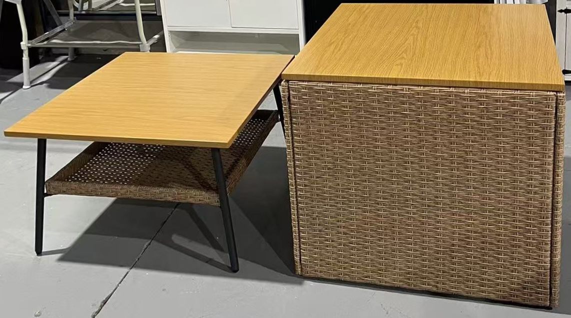 🥨2Pcs patio Rattan Style Coffee Table/Casual Low Table/Sofa Side Table/Nesting Table, Brown&Rattan , Dimension  2-Tier Table :26.5”D×29.5”W×18”H 