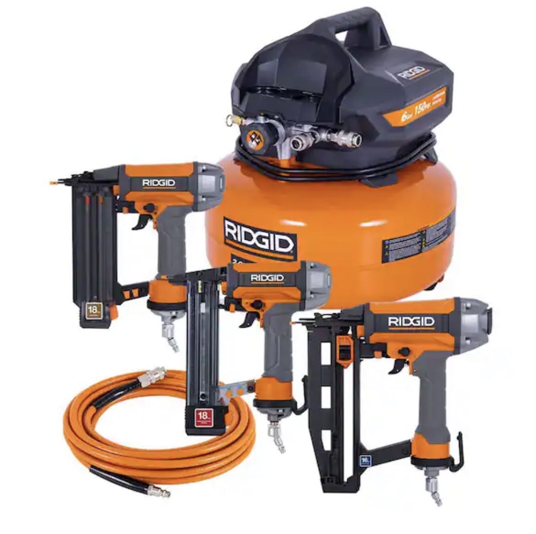 RIDGID 6 Gal. 150 PSI Electric Air Compressor with 25 ft. Hose, 18GA Brad Nailer, 16GA Finish Nailer and 18GA Finish Stapler