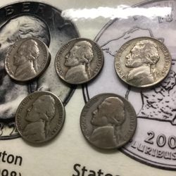 (LOT OF 5) 1(contact info removed) Wartime 35% WWII Jefferson War Silver Nickel .25c Face Bulk