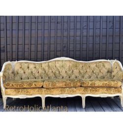 Antique French Louis XV Hand Carved Velvet Yellow Sofa