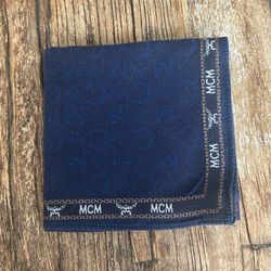 MCM Monogram Pocket Square Handkerchief Navy Blue Logo Print 17.5” x 18.5”
