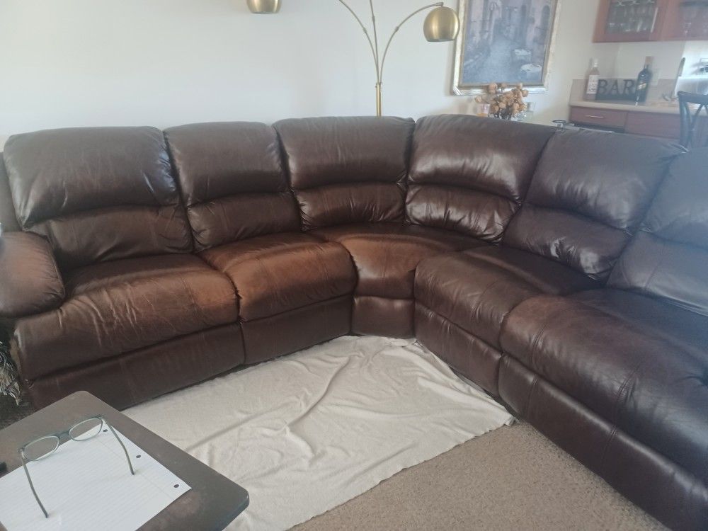 Leather Brown Sofa With 2 Reclinere
