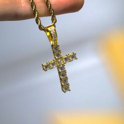 Gold Toned Stainless Steel Cubic Zirconia Cross Chain
