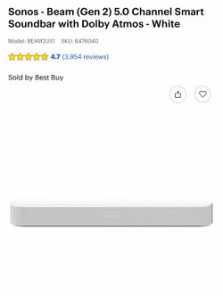 Sonos - Beam (Gen 2) 5.0 Channel Smart Soundbar with Dolby Atmos - White
