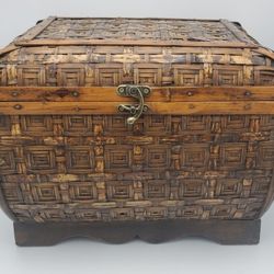 Large Vintage Woven Bamboo & Wood Storage Chest