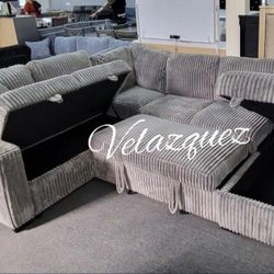 ✅️✅️4 pc Grey  corduroy fabric sectional sofa with storage chaise and love seat and pop up sleep area in center USB charging✅️✅️