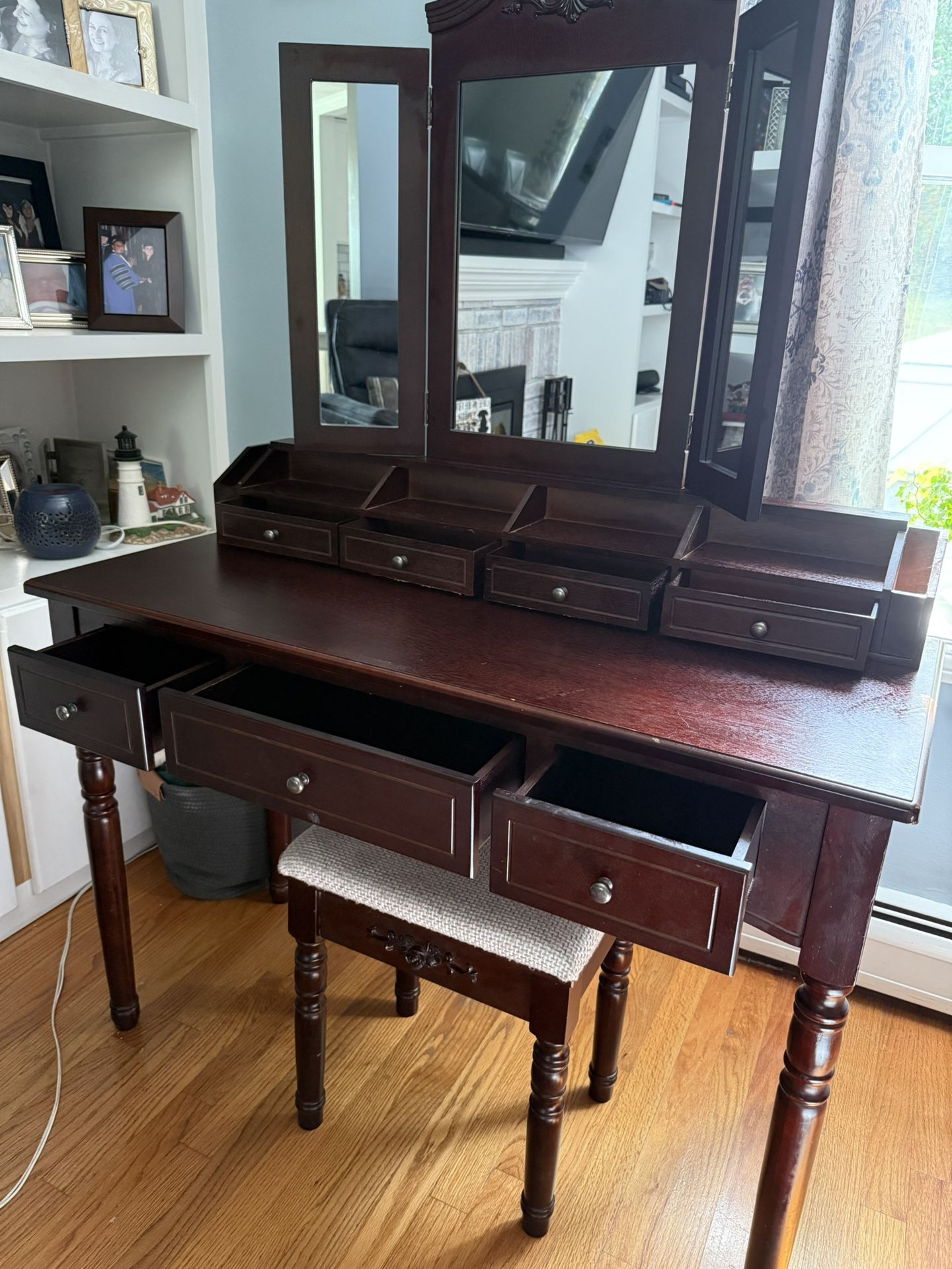 Wooden Brown Makeup Vanity Table With Trifold Mirror And Stool