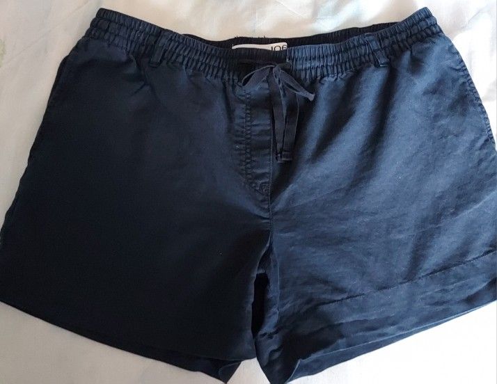 Ladies Navy Blue Linen Shorts With Elastic Tie Waist And Side Pockets
