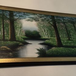 Vintage Forest Stream Pond Landscape Oil Painting 