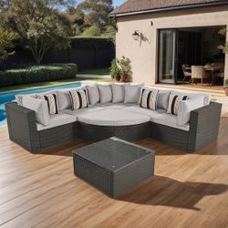 Outdoor Patio Furniture- 7-Piece Outdoor Wicker Sofa Set, Black Wicker, Beige Cushion