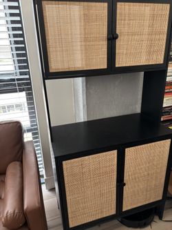 Kitchen Pantry Rattan Storage Cabinet with Outlet and USB Ports, Kitchen Sideboard Buffet Cabinet with Handmade Rattan Doors & Large Countertop, Frees